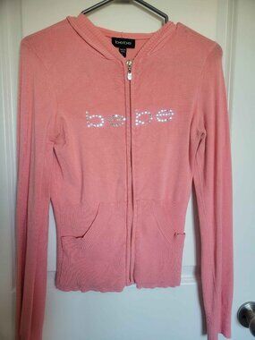 BEBE pink hooodie gemstones ribbed waist, womens